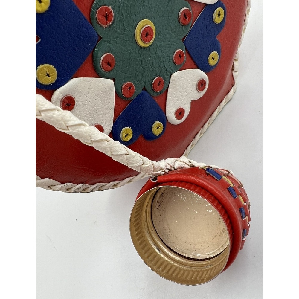 Vintage Leather Wrapped Decanter Bottle Hearts Red Folk Art Braid Art - Picture 6 of 11